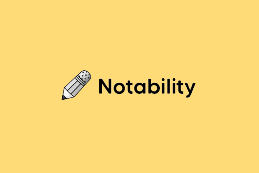 Logotipo de Notability con una ilustración de un lápiz junto a la palabra «Notability» sobre un fondo amarillo.