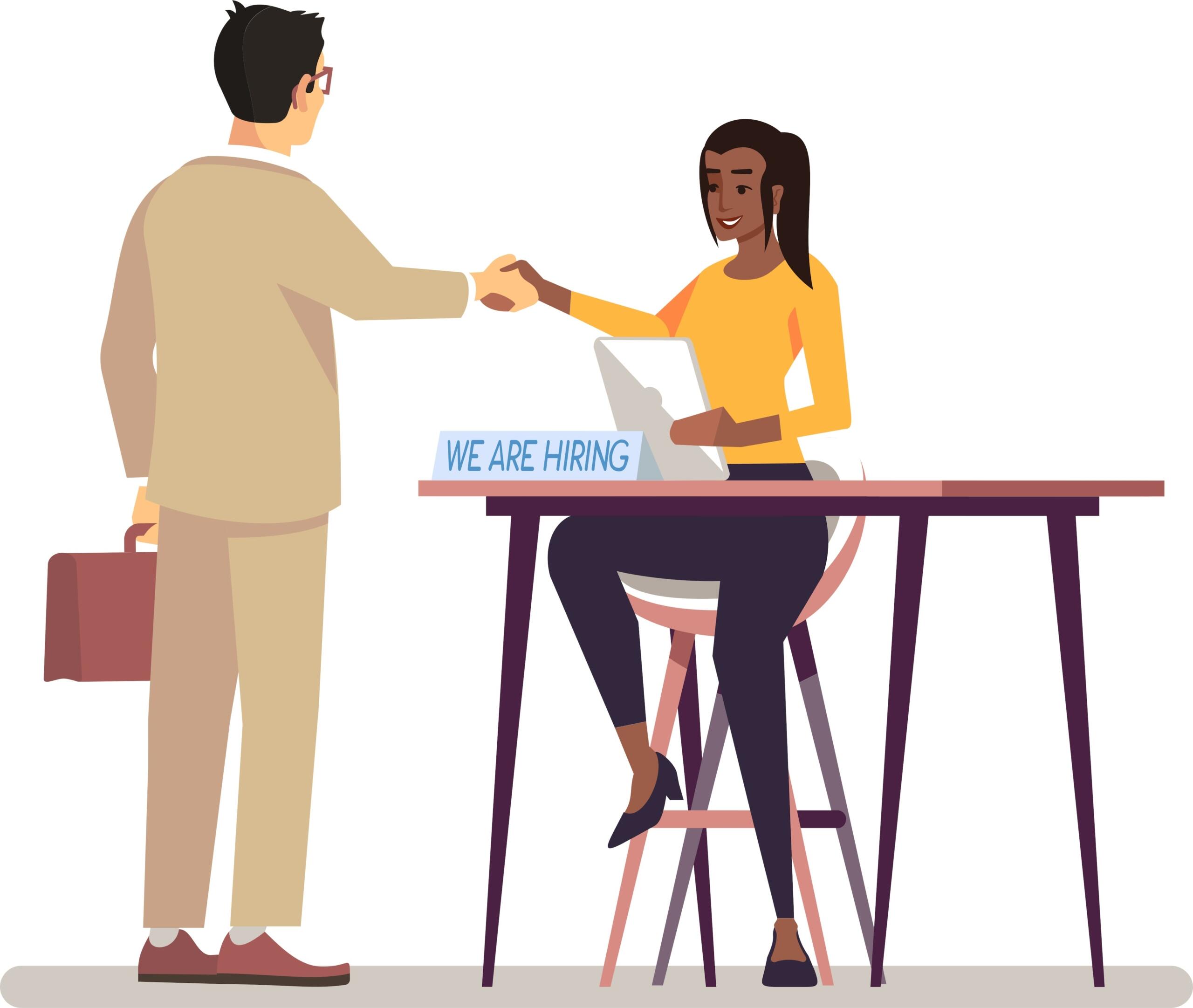 Escena de una entrevista de trabajo en la que un hombre vestido con traje estrecha la mano a una mujer sentada ante un escritorio con el letrero «WE ARE HIRING» (Estamos contratando).
