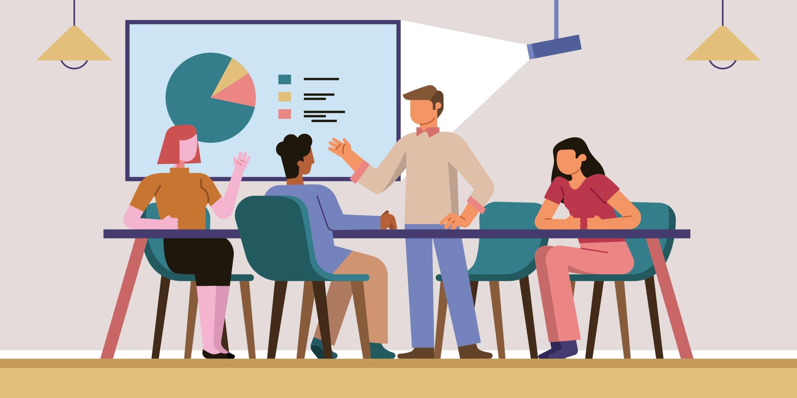 Reunión de equipo en la que cuatro personas diferentes debaten sobre datos, con un gráfico circular proyectado al fondo.