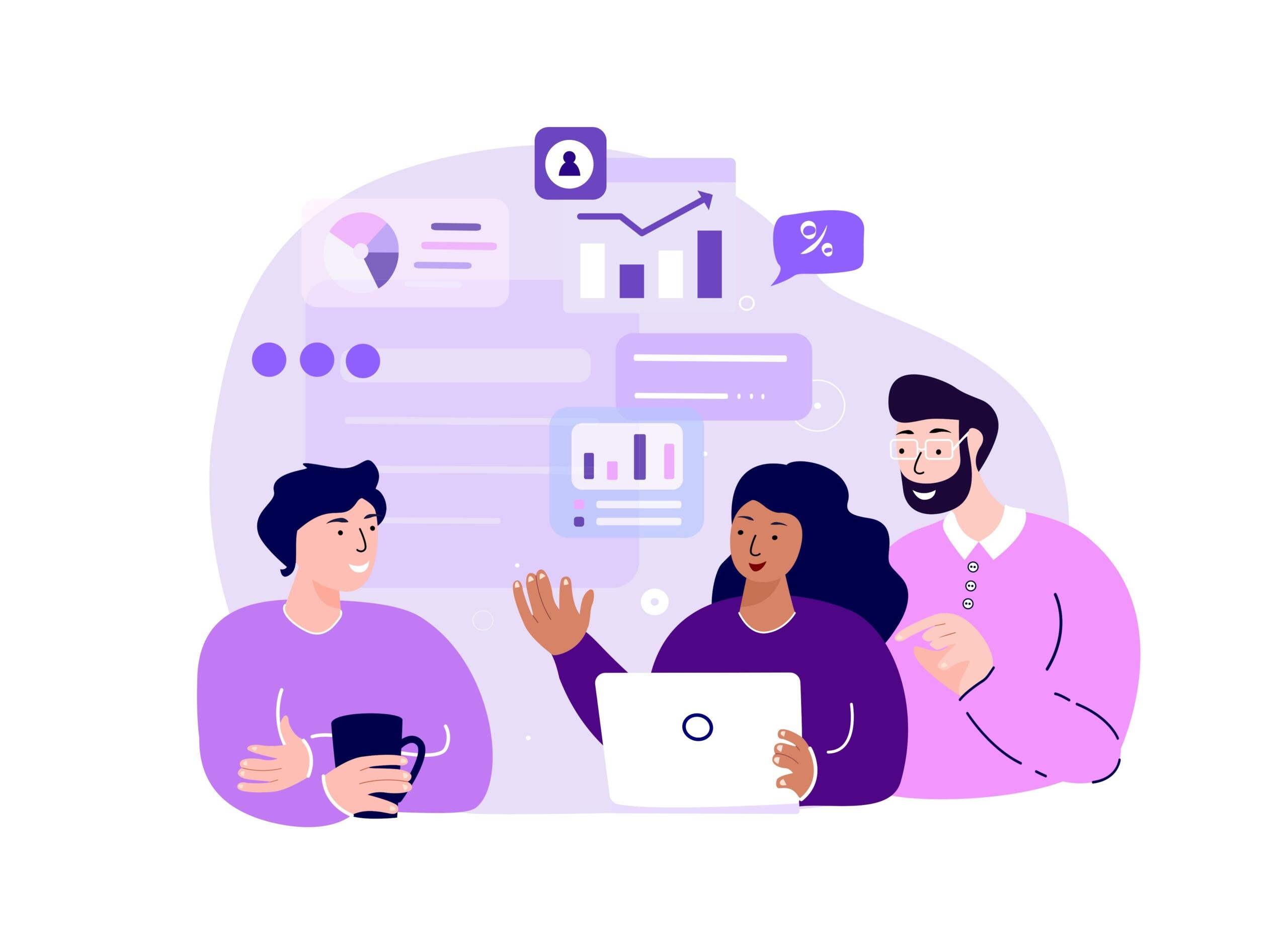 Tres personas colaboran alrededor de un ordenador portátil, discutiendo sobre análisis de datos, con elementos visuales como tablas y gráficos al fondo.
