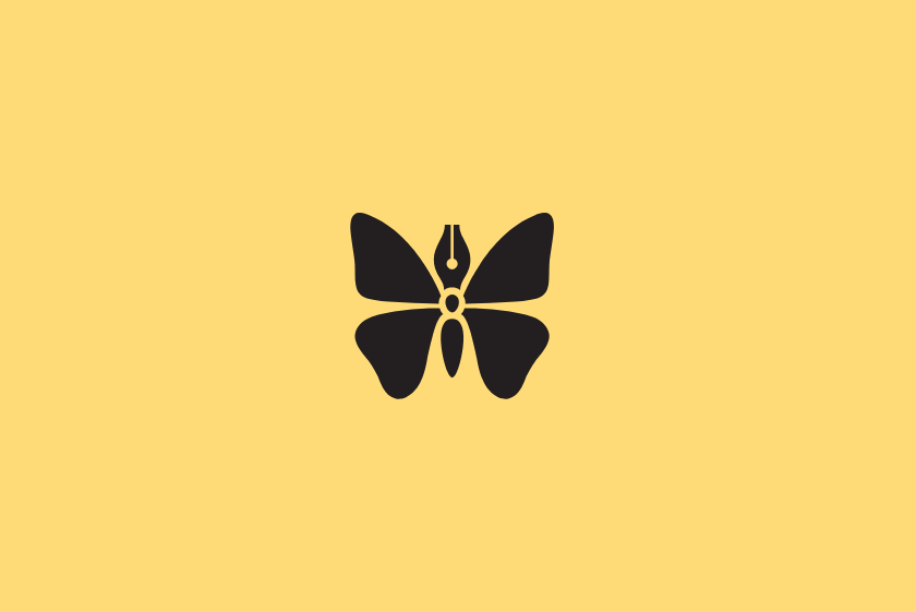 Ícono de la app Ulysses sobre fondo amarillo. Representa una mariposa negra con cuerpo en forma de pluma estilográfica. Estilo elegante y enfocado en la escritura.