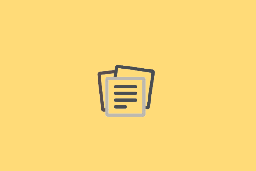 Icono estilizado de hojas de papel apiladas sobre un fondo amarillo, que representa documentos o notas.