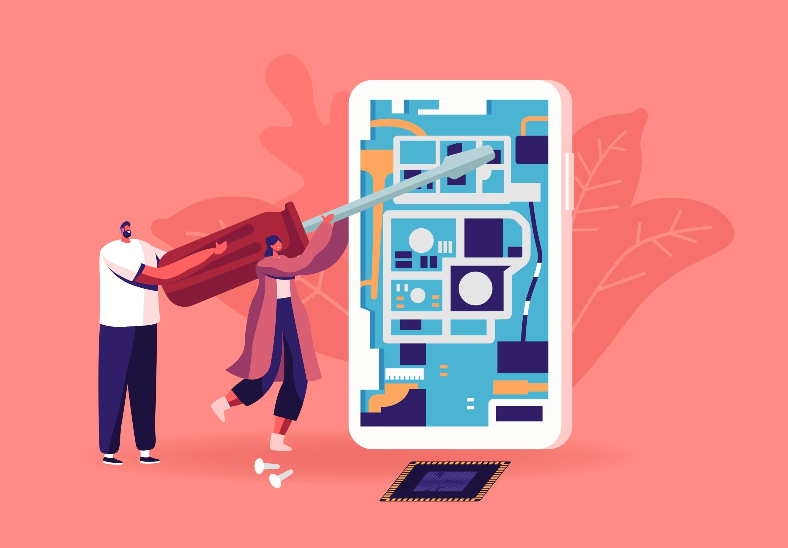 Ilustración de dos figuras trabajando en un smartphone, utilizando un destornillador y rodeadas de patrones de circuitos y componentes de hardware.