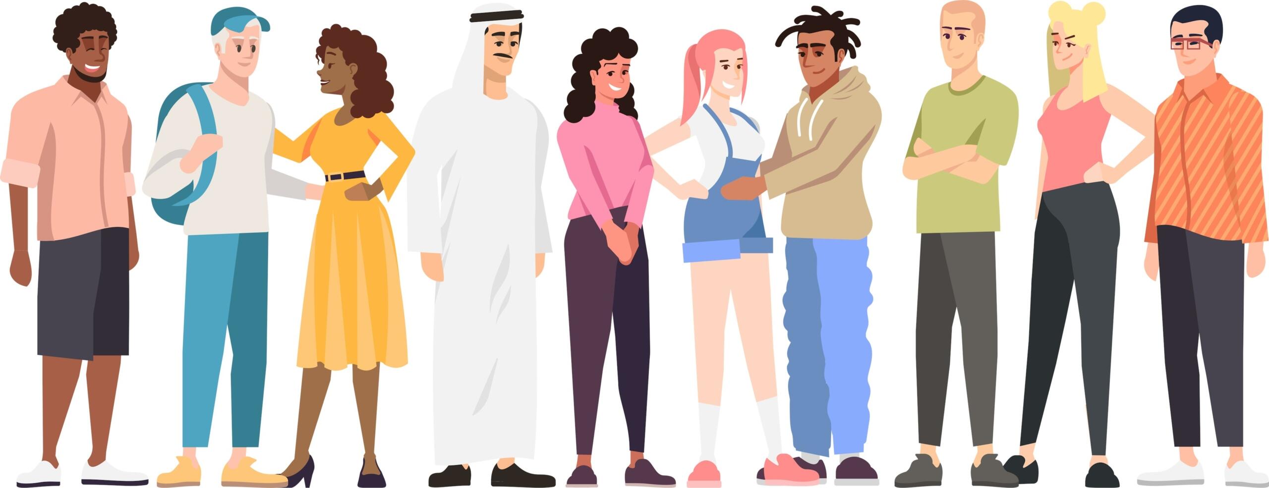 Un grupo diverso de personas con diferentes atuendos posa junto, mostrando diferentes culturas y estilos en una ilustración moderna y colorida.