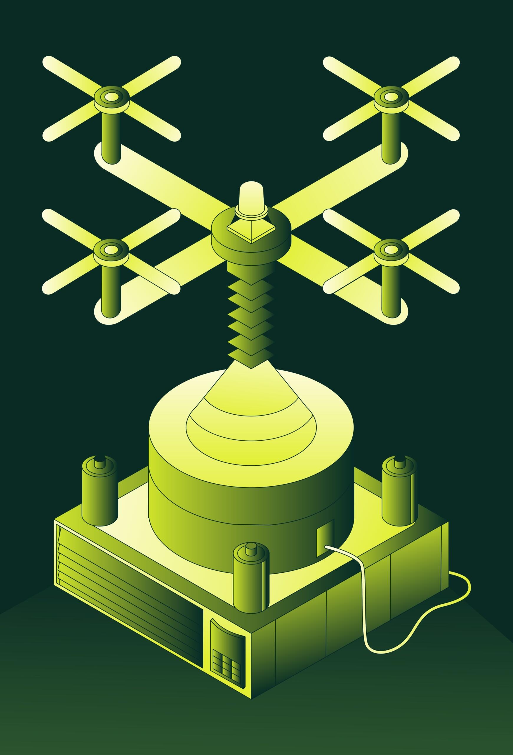 Un diagrama de dron verde estilizado presenta cuatro hélices sobre una base cilíndrica con un diseño en espiral, sobre un fondo oscuro.
