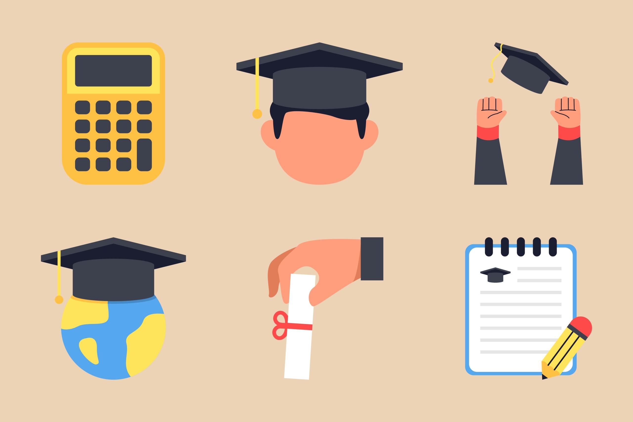 Una ilustración colorida que muestra una calculadora, el rostro de un graduado, manos levantadas, un globo terráqueo con un birrete, un diploma y un cuaderno.