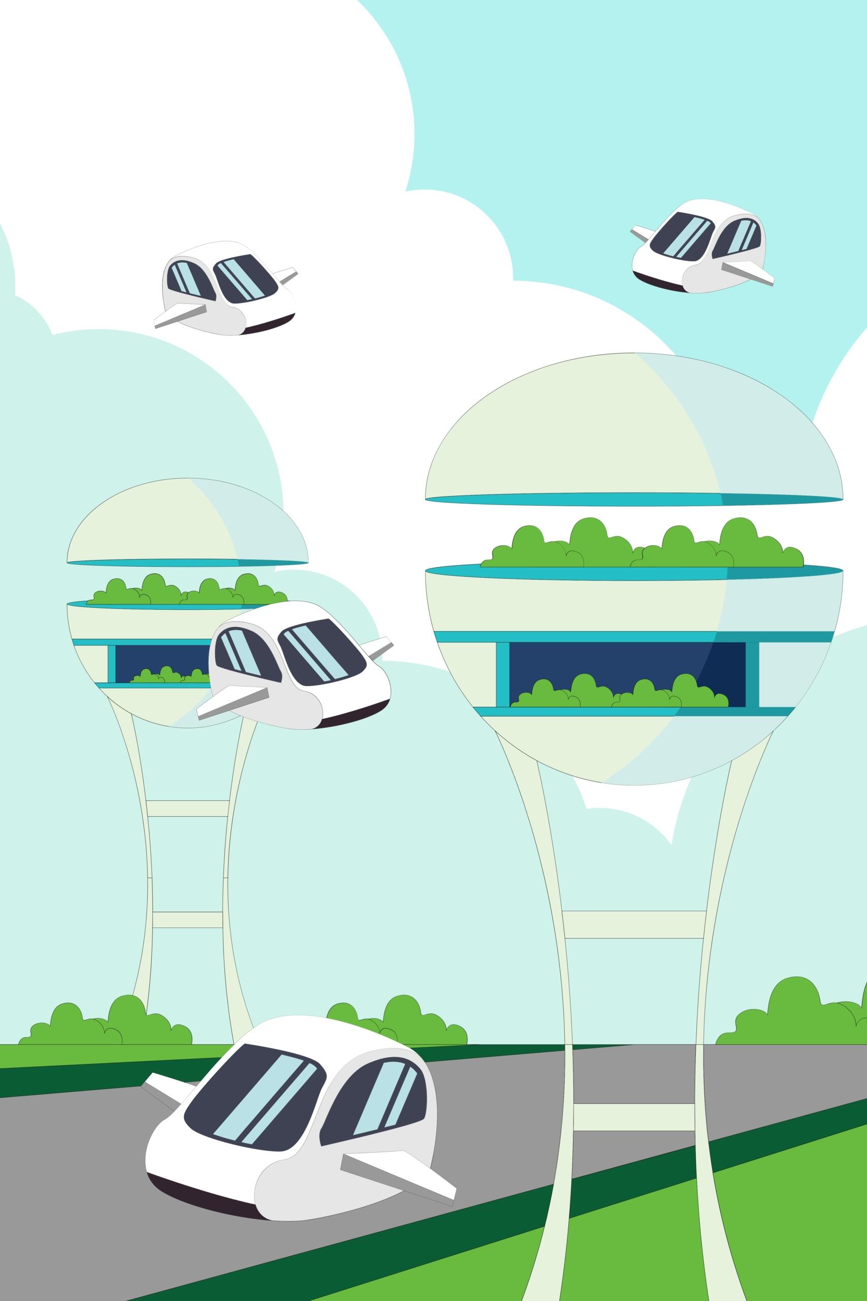 Escena futurista de coches voladores cerca de estructuras verdes con forma de cúpula, con un cielo brillante y toques de vegetación, que enfatiza el diseño ecológico.