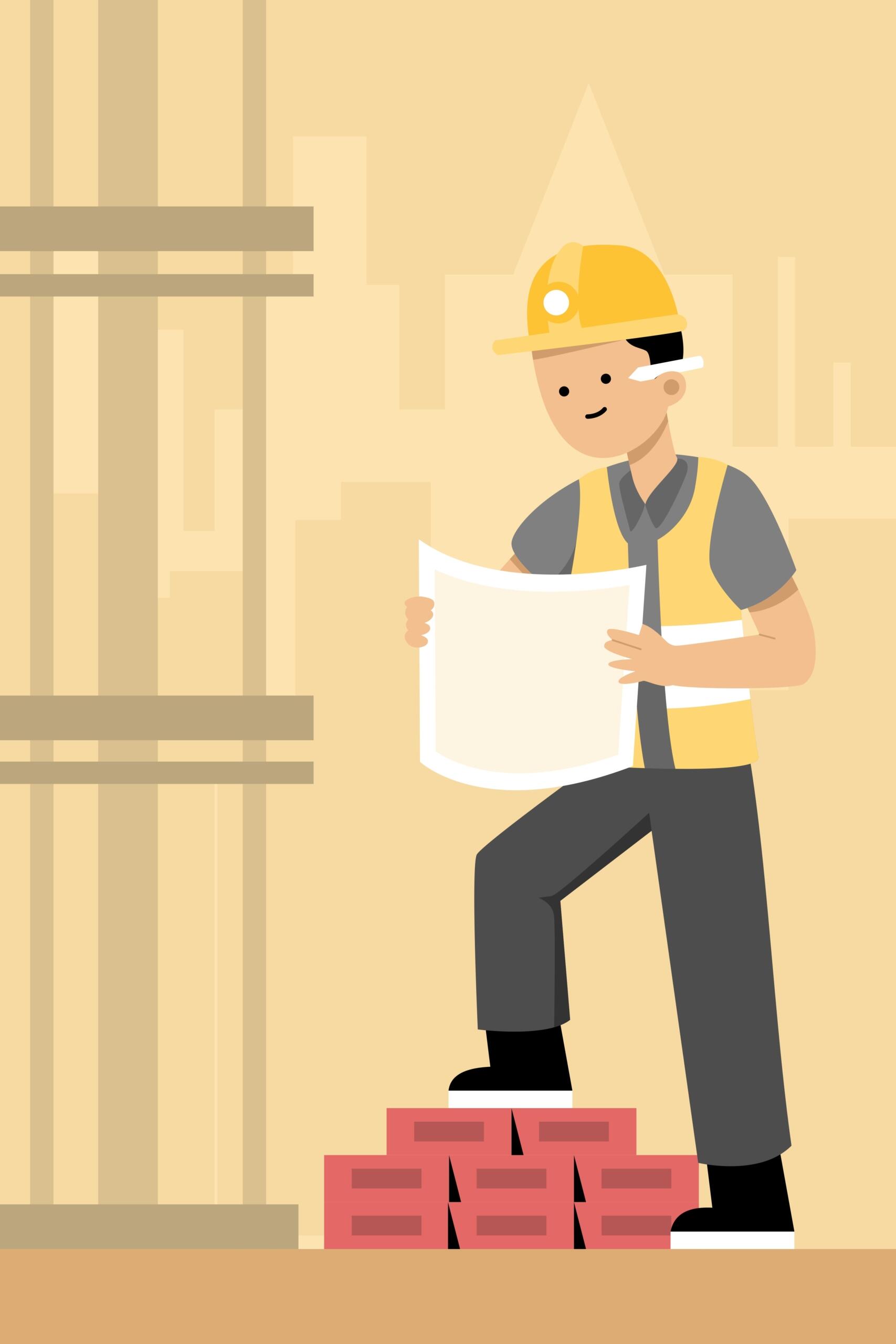 Un trabajador de la construcción con casco y chaleco amarillos está de pie sobre unos ladrillos, sosteniendo planos con una obra en construcción al fondo.