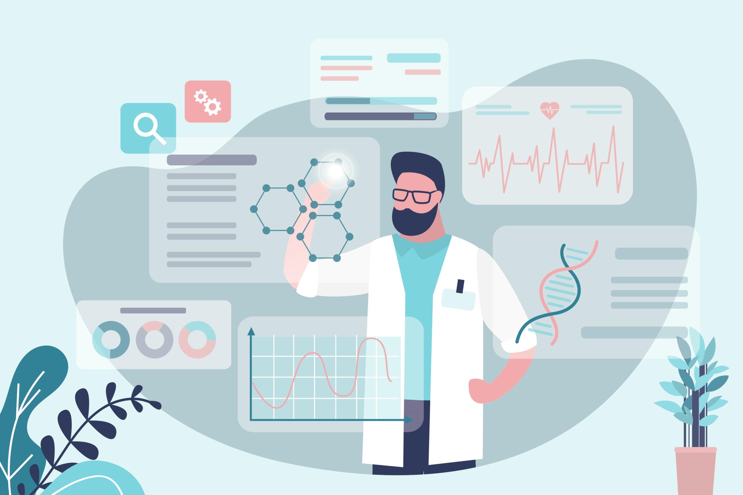 Un científico con bata de laboratorio sostiene un modelo de estructura molecular, rodeado de gráficos y tablas de datos relacionados con la investigación y la salud.