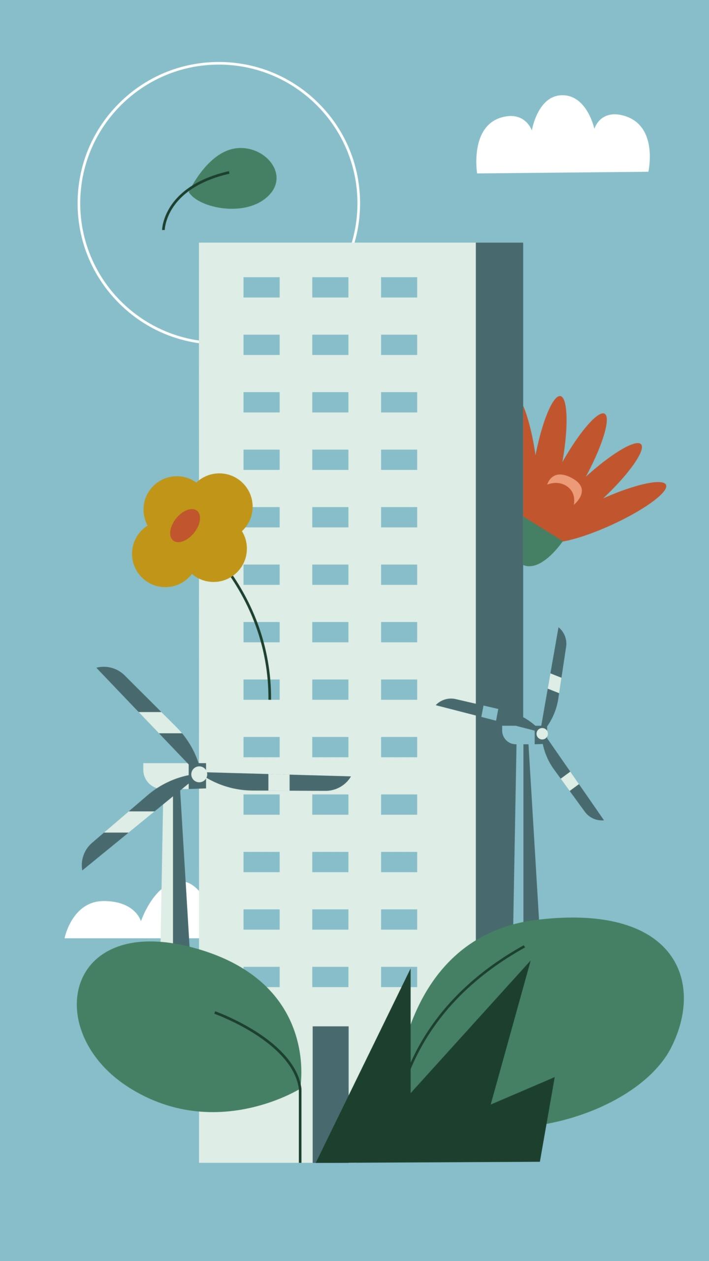 Ilustración estilizada de un edificio alto rodeado de flores, hojas verdes y turbinas eólicas sobre un fondo azul.
