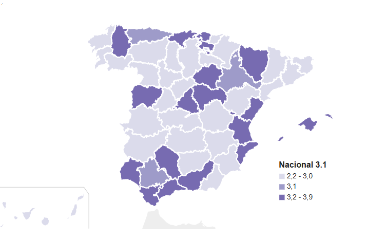 Mapa de España sombreado para mostrar las regiones con valores que oscilan entre 2,2 y 3,9, lo que indica distintos niveles de ipc .