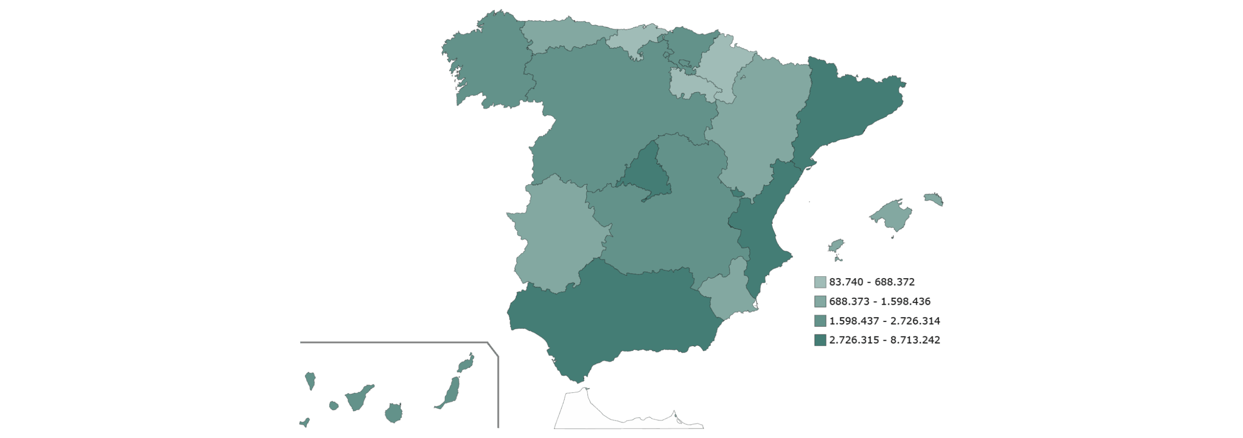 Mapa de España en el que se destacan las regiones según su densidad de población, con categorías que van desde la densidad baja a la alta, indicadas en diferentes tonos de verde.