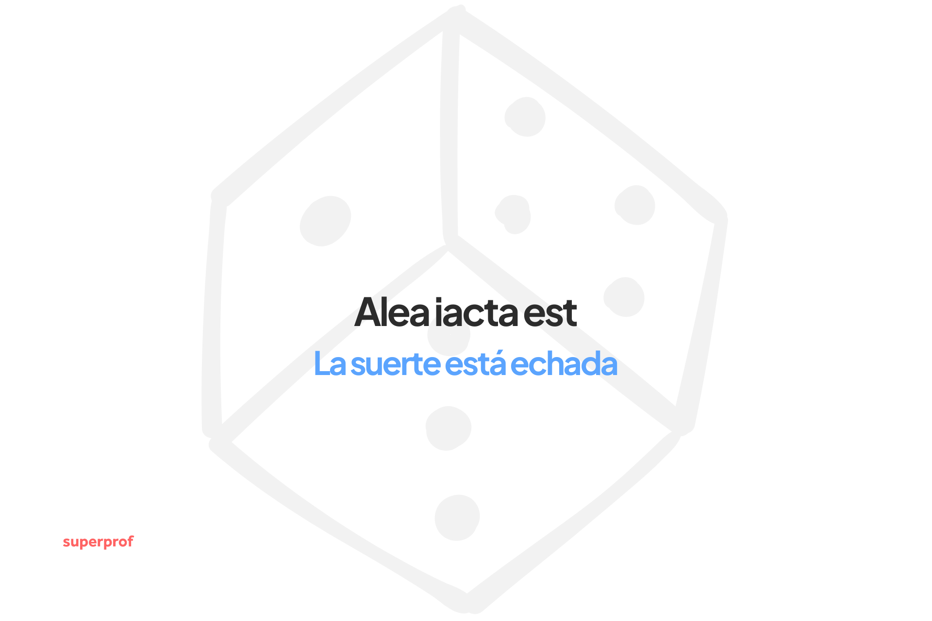 La imagen muestra un dado estilizado con el texto «Alea iacta est» en negro y negrita y «La suerte está echada» en azul claro, simbolizando el azar.