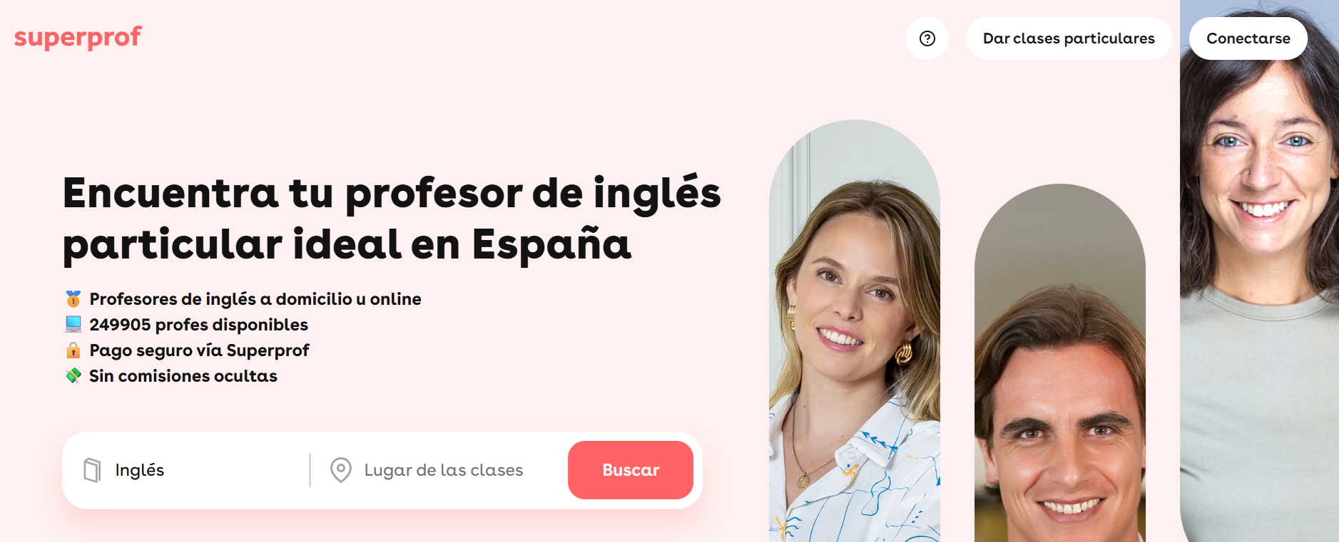 Un banner promocional de Superprof, que muestra opciones para encontrar profesores de inglés en España con funciones fáciles de usar y seguras.