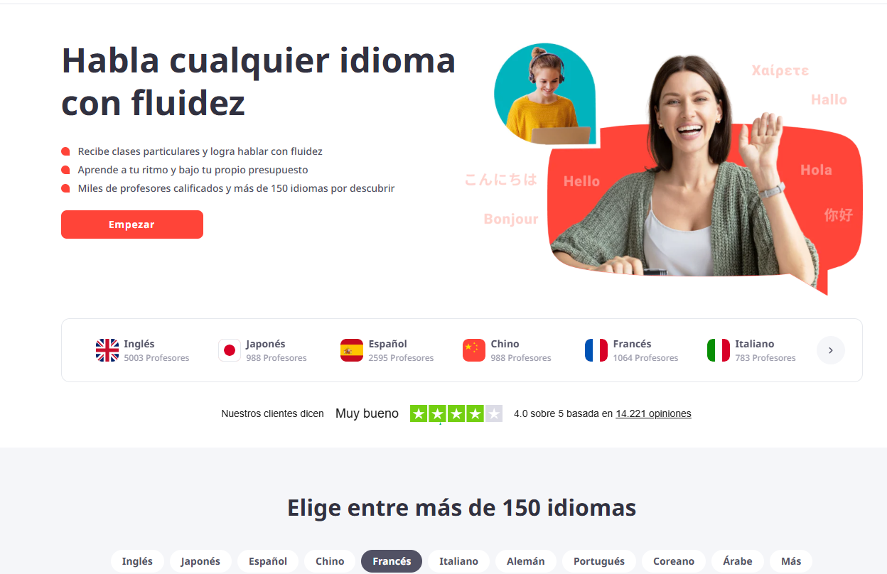 Sitio web para el aprendizaje de idiomas que ofrece opciones de clases particulares en más de 150 idiomas, con valoraciones de los usuarios e idiomas destacados.