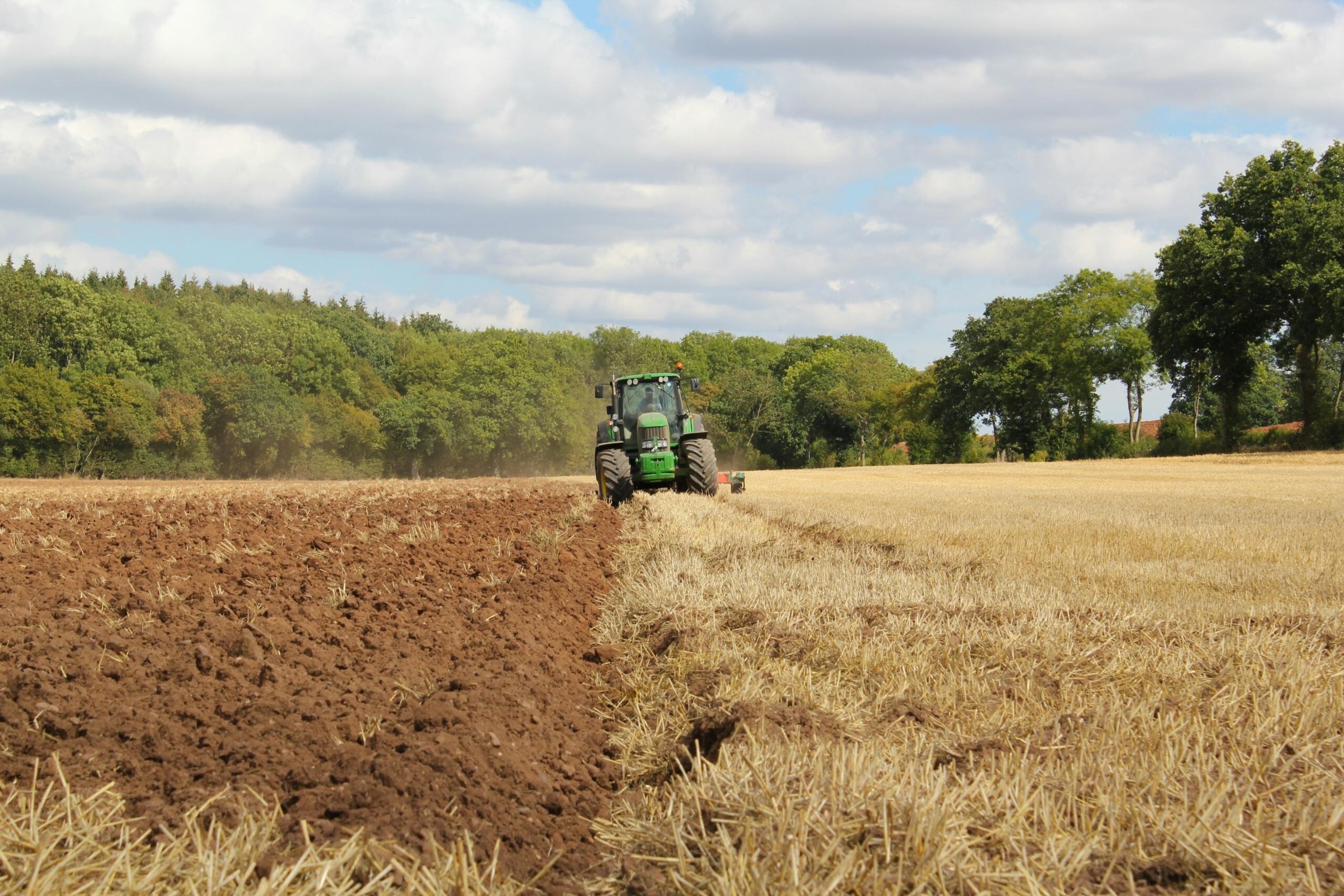 Un tractor arando un campo, dejando surcos en la tierra oscura y húmeda bajo un cielo despejado.