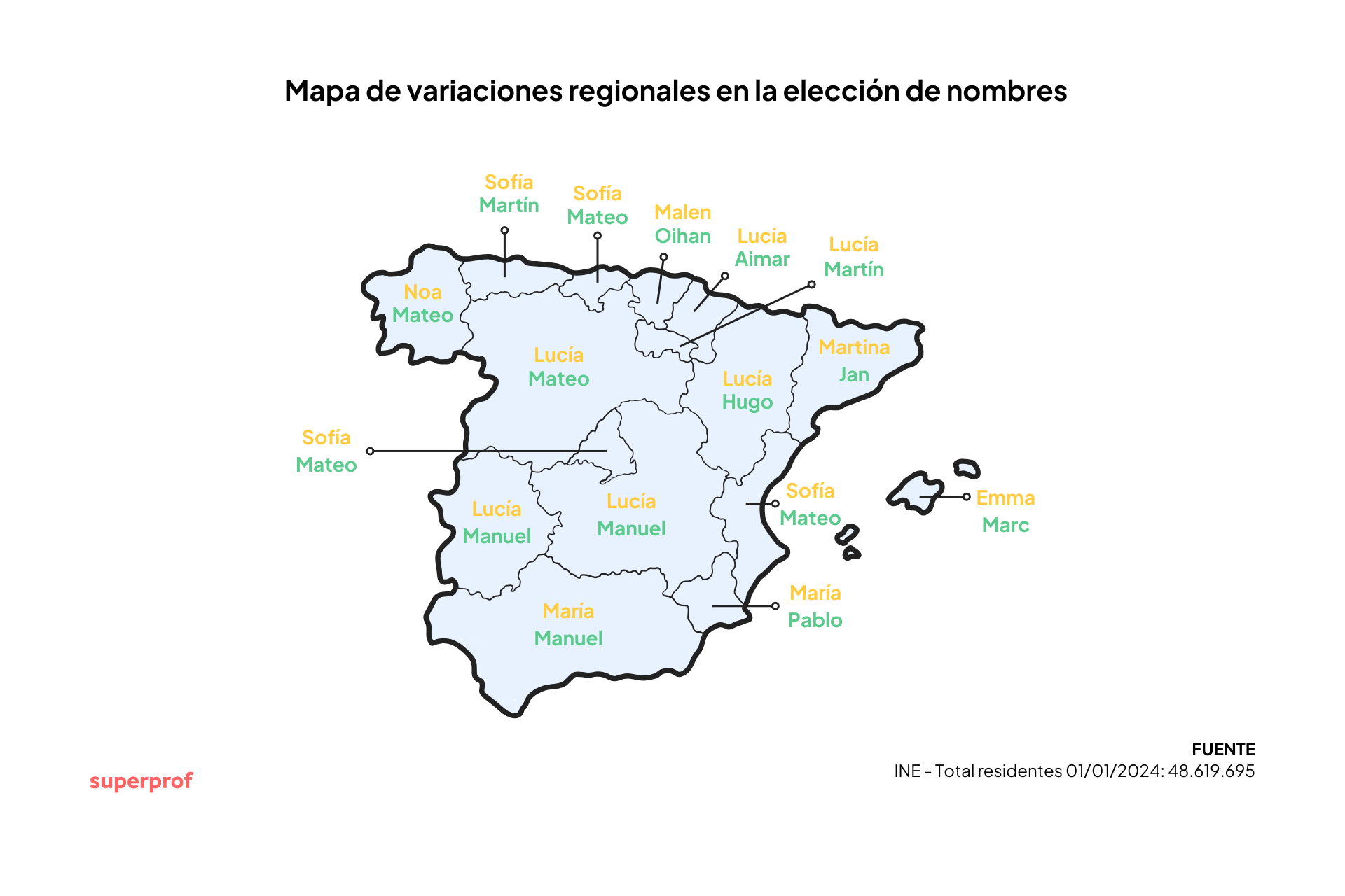 Mapa de España en el que se muestran los nombres agrupados por comunidades autónomas, resaltando a las personas con una mezcla de texto verde y rojo