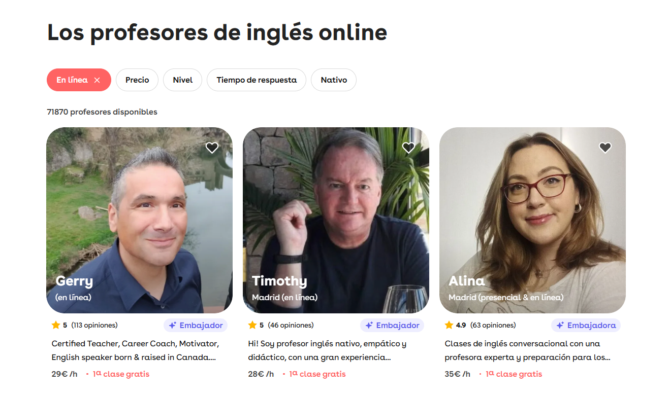 Se muestran tres profesores de inglés online, destacando sus nombres, valoraciones y textos introductorios sobre sus cualificaciones docentes.
