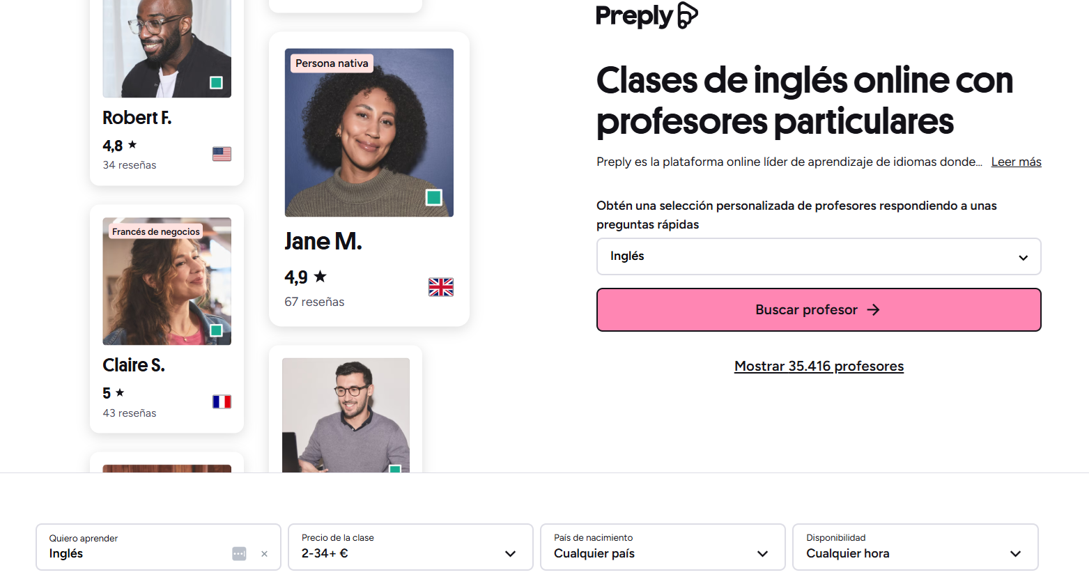 La plataforma online Preply ofrece clases de inglés con varios profesores particulares. Se pueden filtrar las opciones por nacionalidad, precio y disponibilidad.