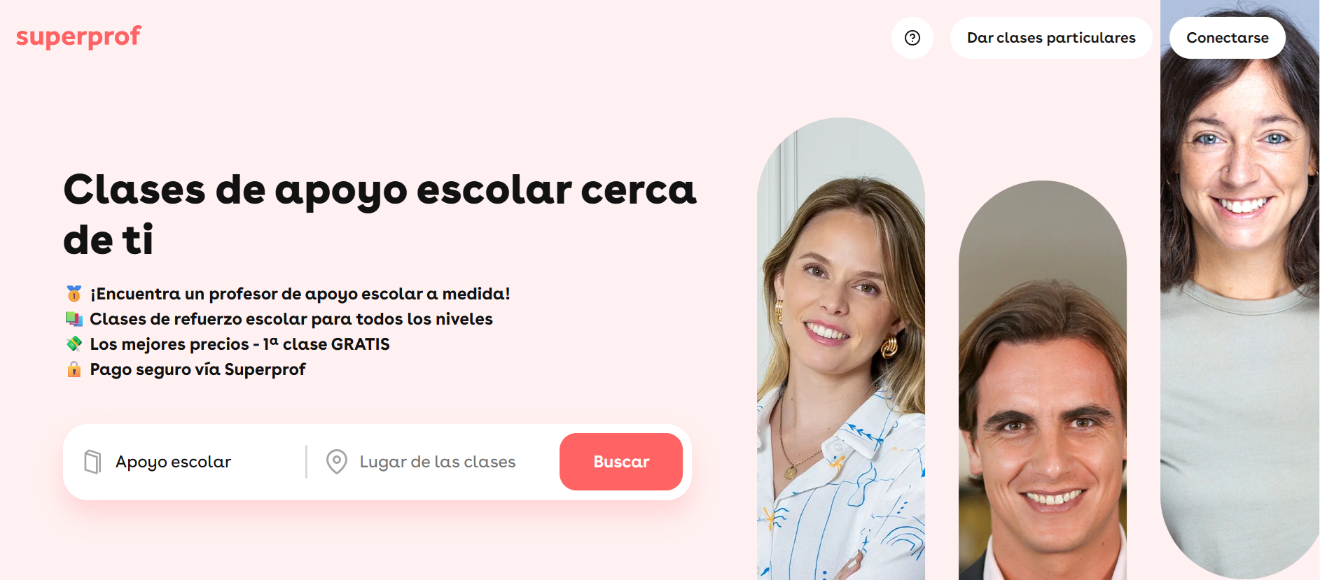 Banner colorido de Superprof, promocionando clases particulares personalizadas con características como la primera clase gratuita y pagos seguros.