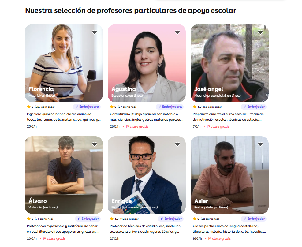 Cuadrícula de tutores en línea con sus nombres, ubicaciones, valoraciones y materias impartidas, con información de contacto y precios visible.