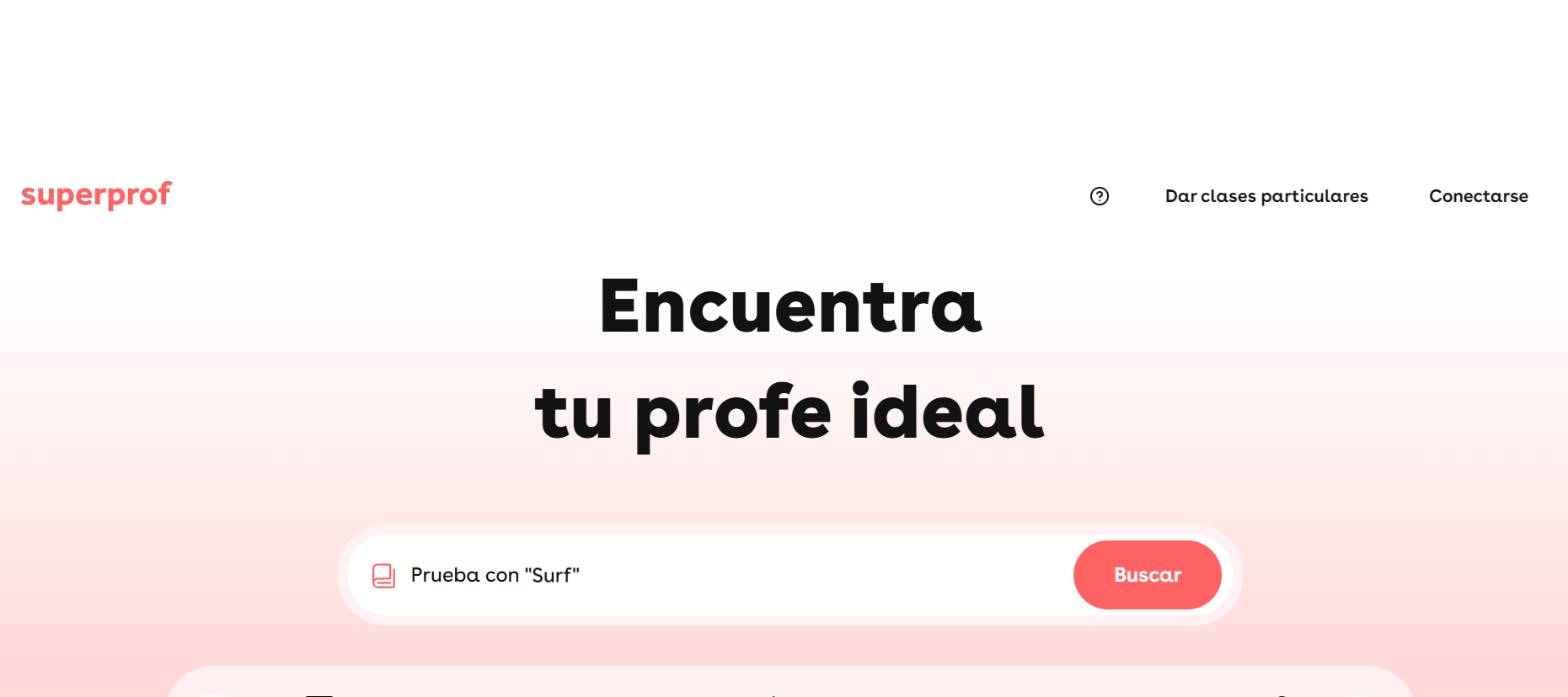 Logotipo de «superprof» con el eslogan «Encuentra tu profe ideal» sobre un fondo rosa degradado. La barra de búsqueda sugiere «Prueba con “Surf”».