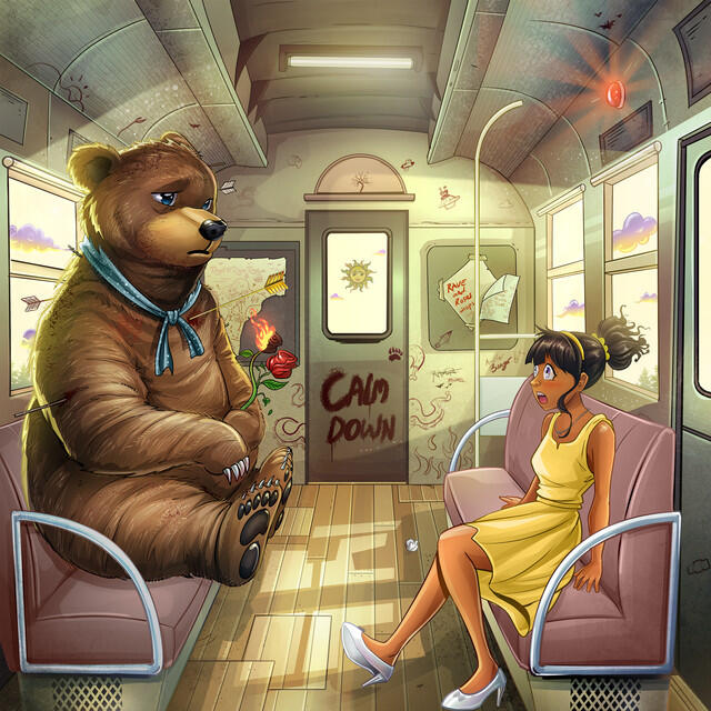 Un oso con una rosa en la mano está sentado tranquilamente frente a una mujer sorprendida con un vestido amarillo en un tren. En la pared hay un grafiti que dice «Cálmate». Desenfadado.