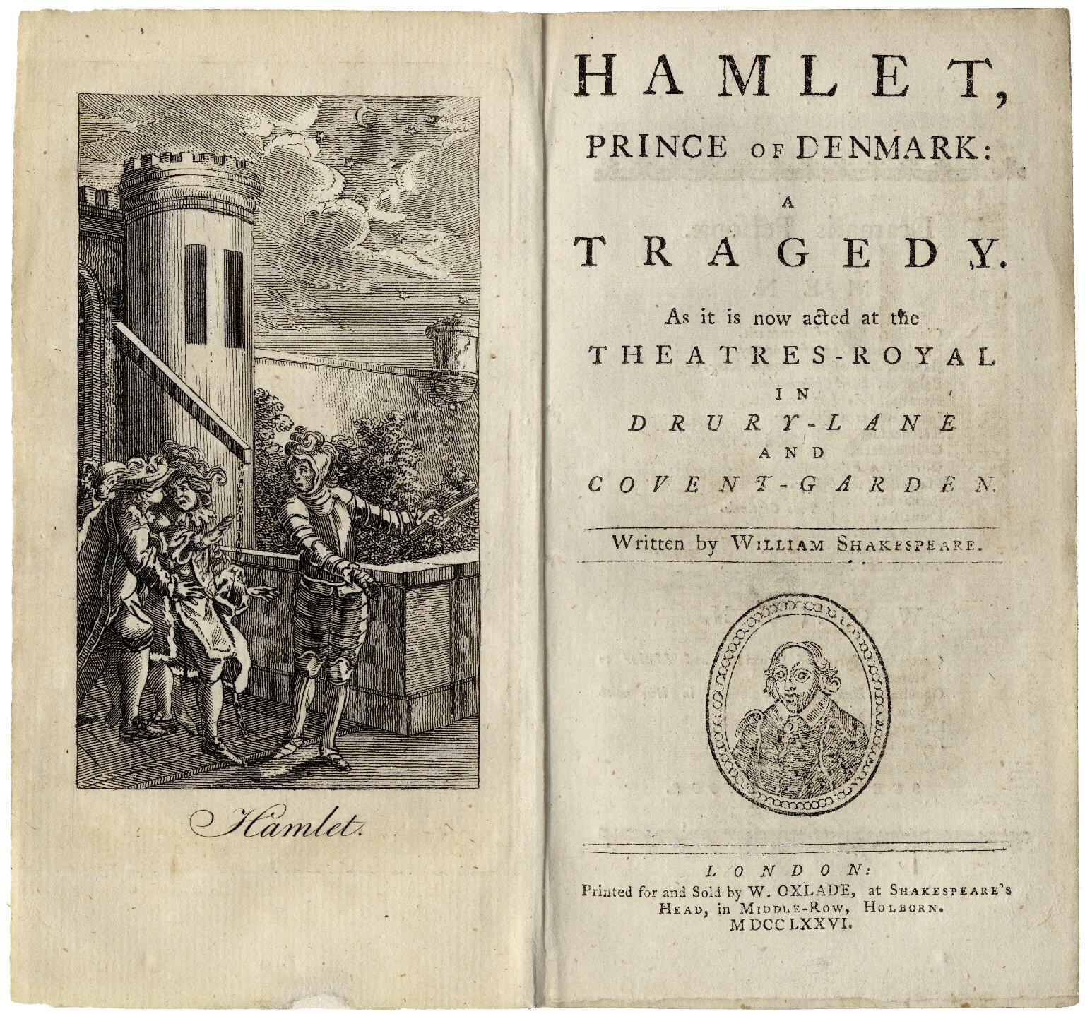 Portada de «Hamlet, príncipe de Dinamarca», con una ilustración de los personajes y los detalles de la publicación en tipografía ornamentada.