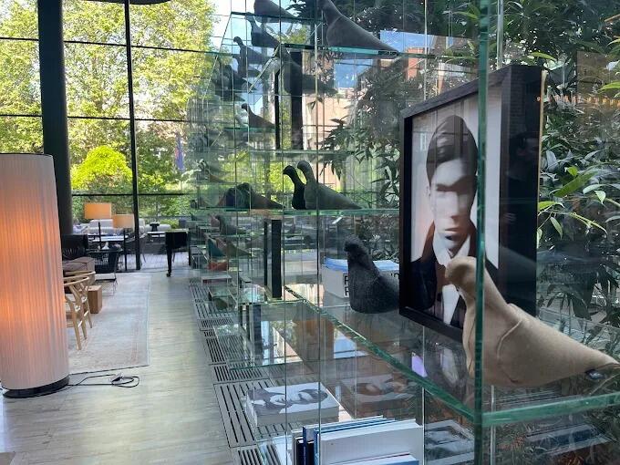 Una moderna estantería de cristal con esculturas decorativas de pájaros y una fotografía en blanco y negro enmarcada de una persona. Las grandes ventanas ofrecen una exuberante vista al jardín. El ambiente es sereno y artístico.