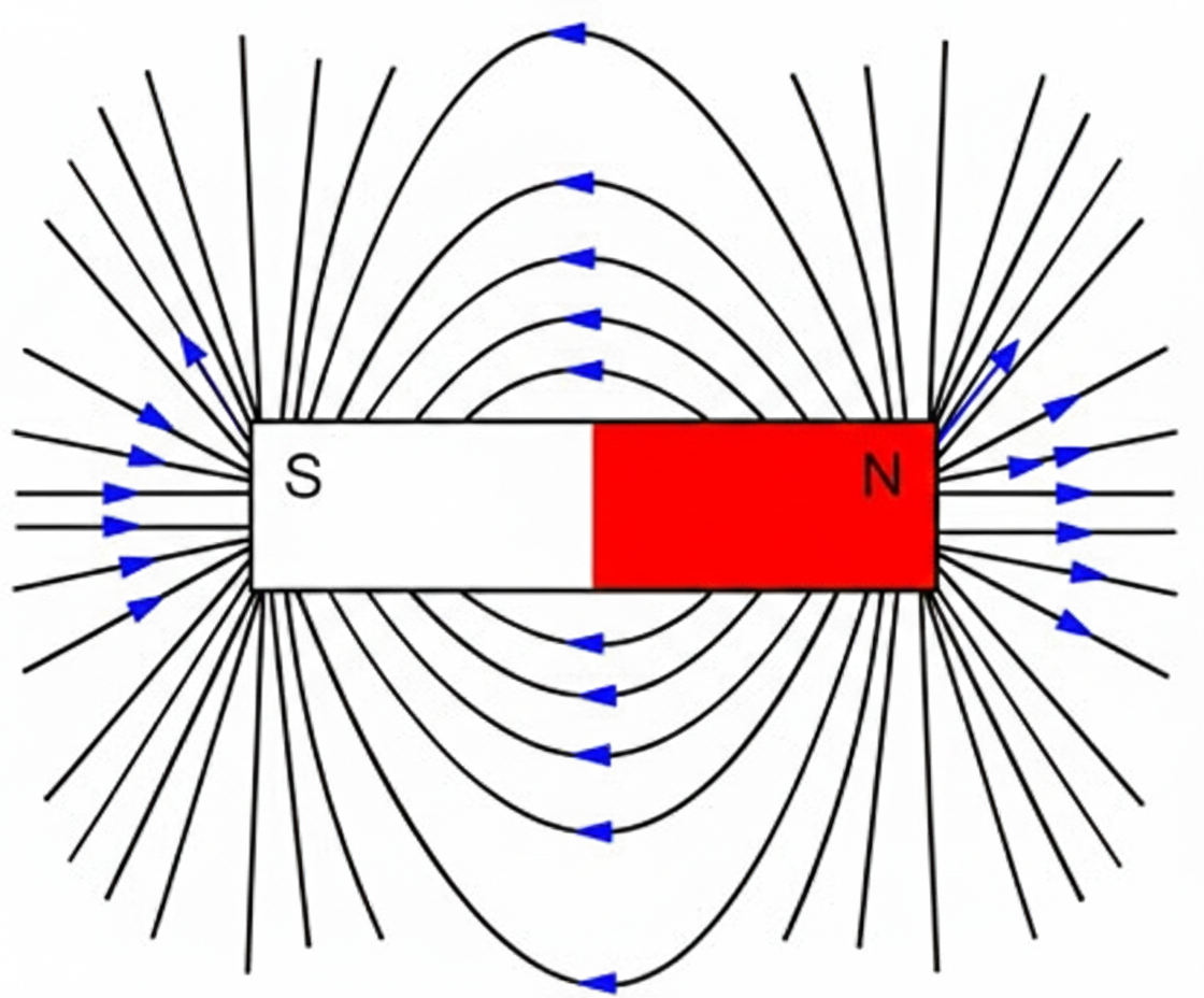 Diagrama de una barra magnética que muestra las líneas del campo magnético, con «S» (sur) en blanco y «N» (norte) en rojo, y flechas que indican la dirección del campo.