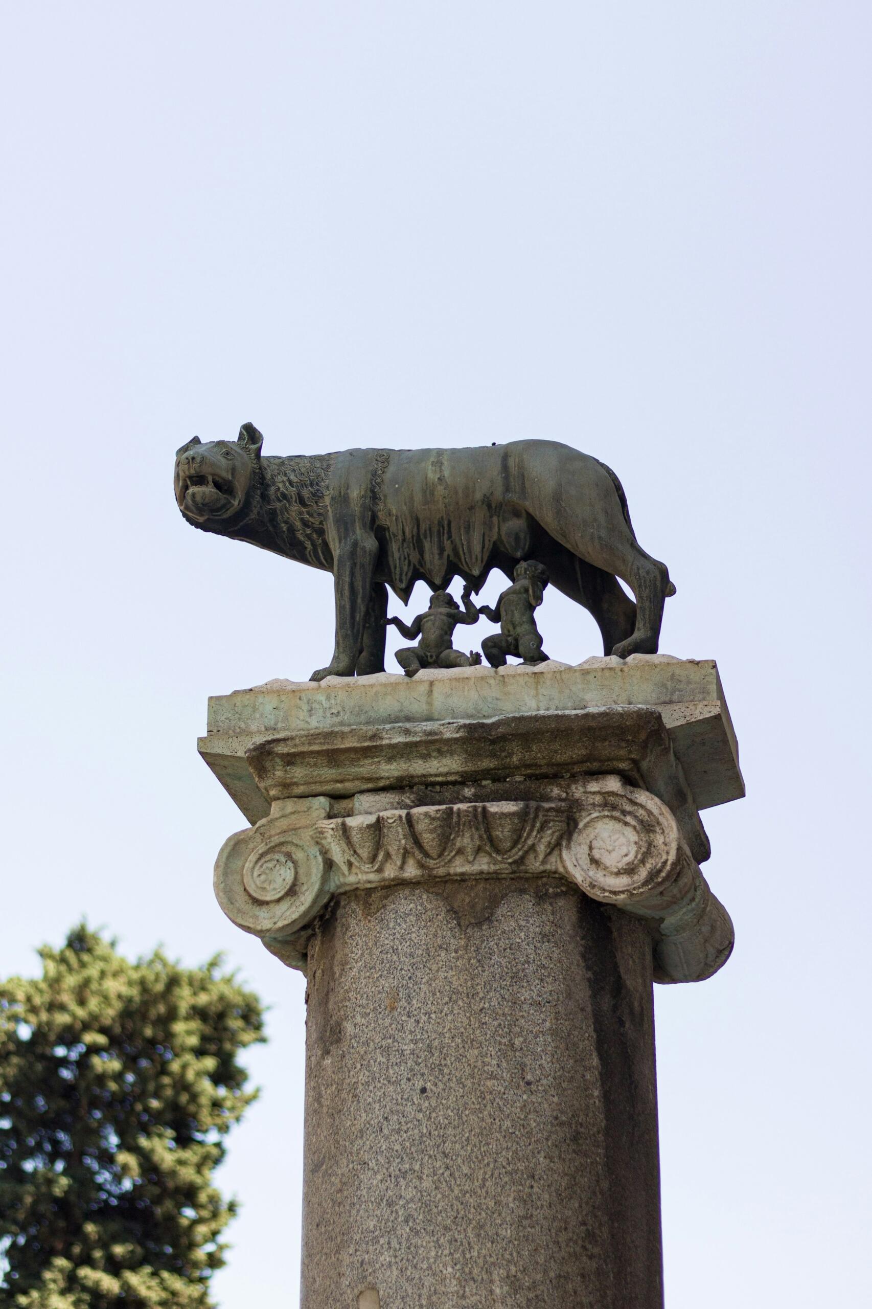 Una estatua de bronce de una loba amamantando a dos niños se alza sobre una columna decorativa de piedra bajo un cielo despejado.