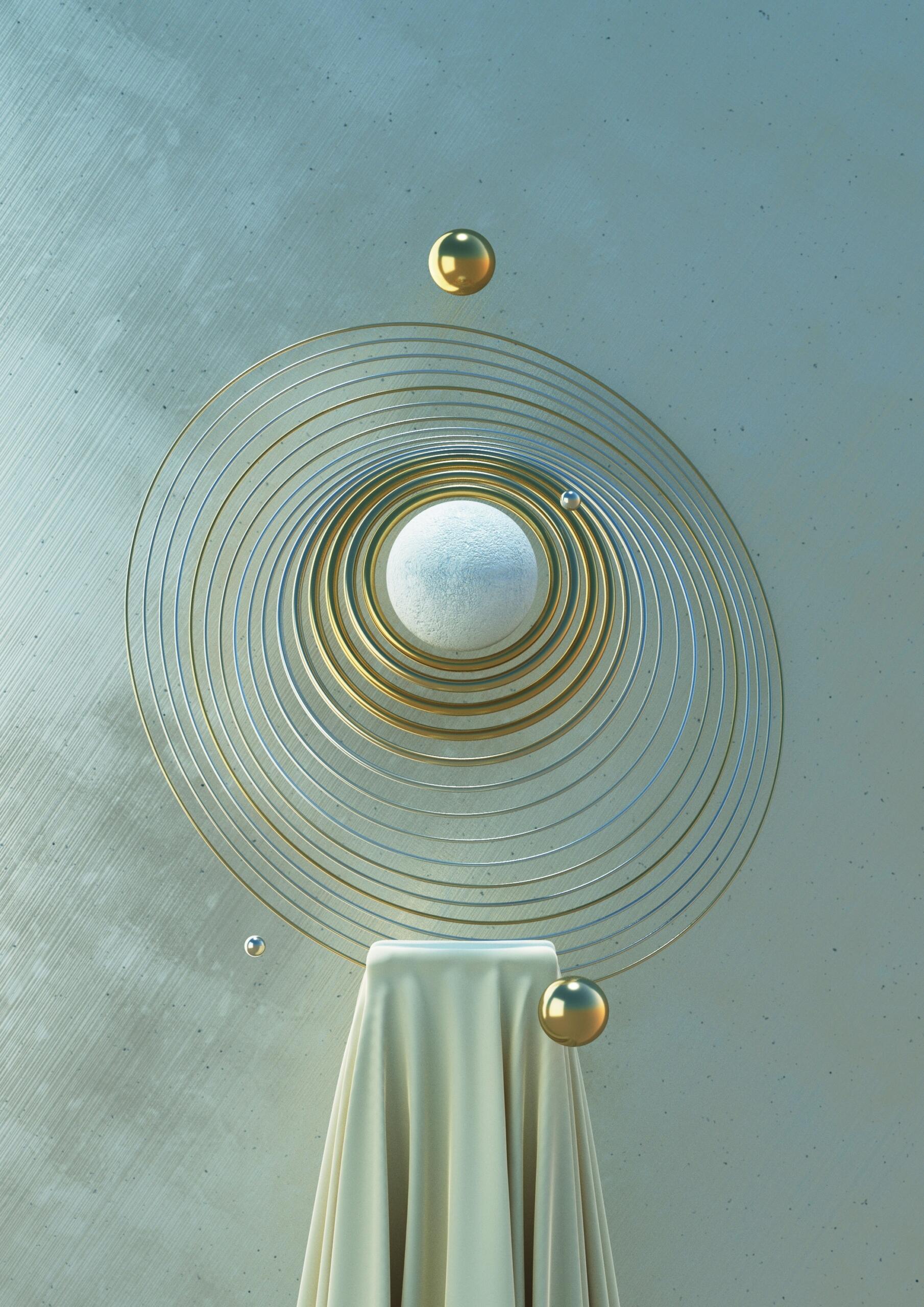 Una esfera blanca rodeada de anillos metálicos y esferas doradas, descansando sobre un pedestal drapeado con un fondo azul texturizado.