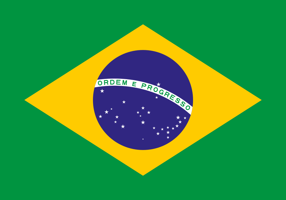 Bandera de Brasil con un fondo verde, un rombo amarillo y un globo terráqueo azul con estrellas, y el lema «Ordem e Progresso» en portugués en el centro.