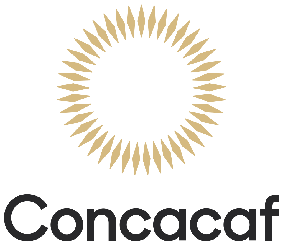 Un logotipo circular compuesto por púas doradas que forman un diseño similar a un sol sobre un fondo negro. Debajo aparece la palabra «Concacaf» escrita en letras grises y en negrita.
