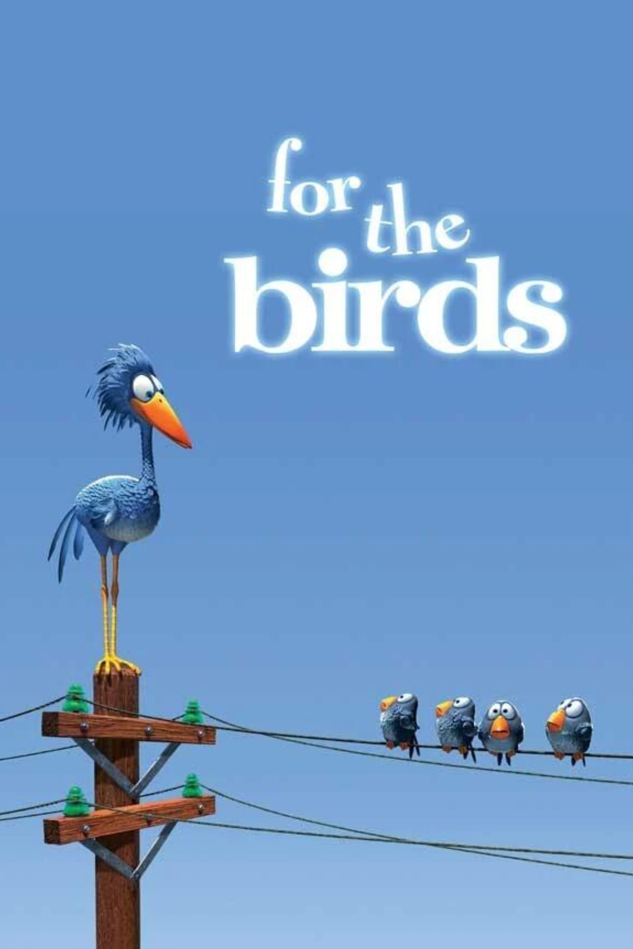 Unos pájaros azules de dibujos animados se posan en los cables eléctricos y observan a un pájaro más grande, torpemente posado en un poste. La escena es cómica y tiene como telón de fondo un cielo despejado.