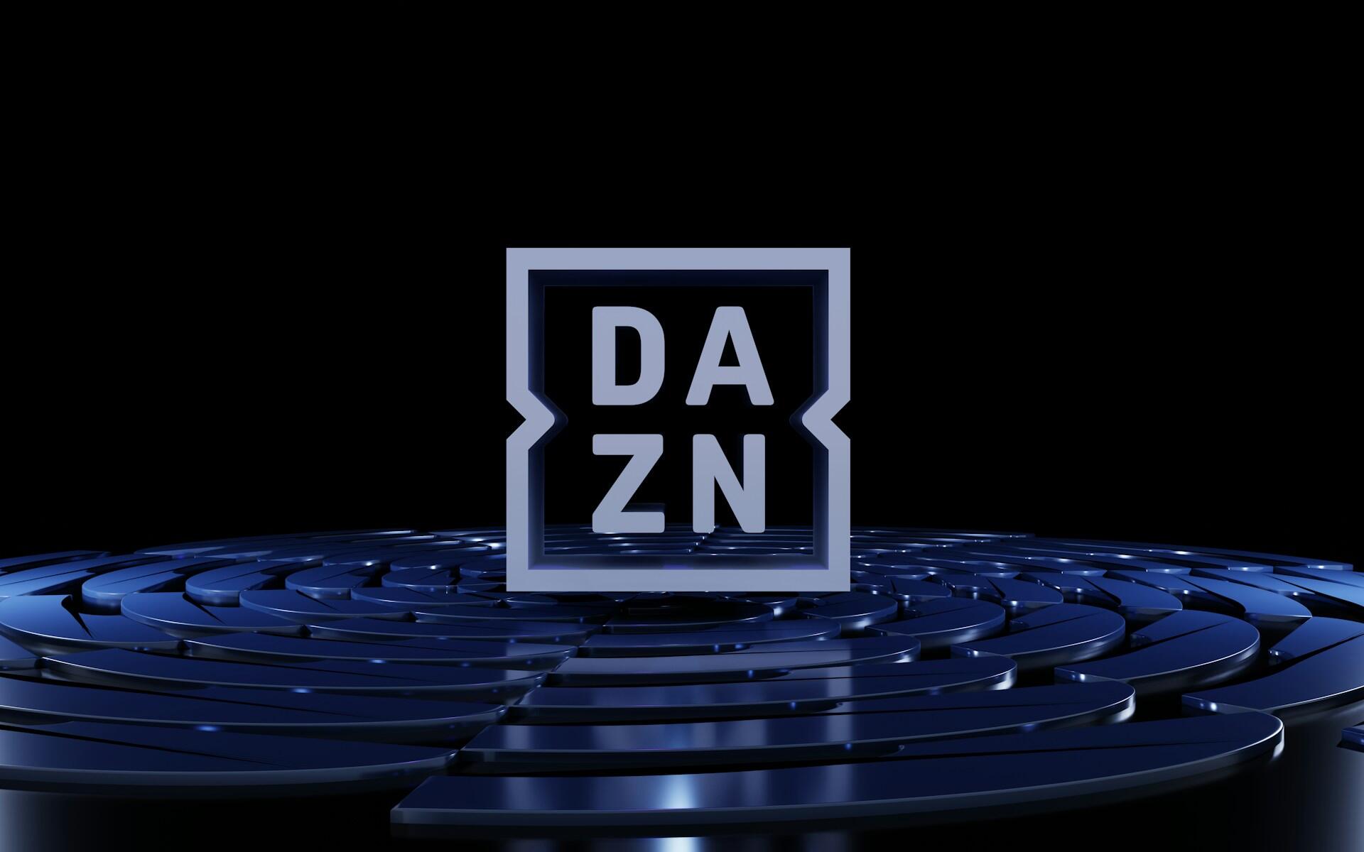 El logotipo digital de DAZN flota sobre una plataforma circular azul brillante con fondo negro, lo que transmite una sensación de elegancia y modernidad.