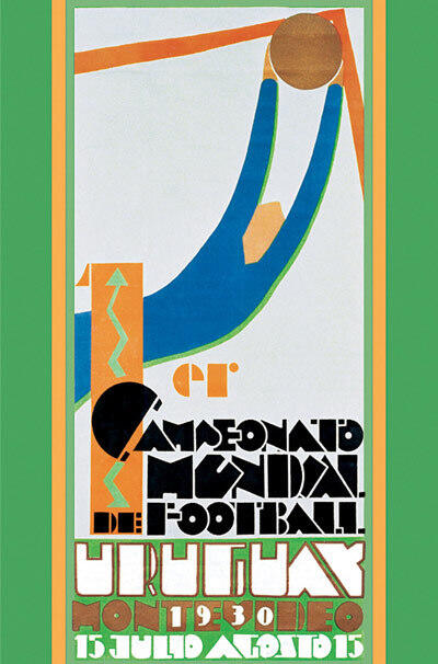 Cartel vintage del Mundial con un diseño abstracto: un futbolista azul y naranja que intenta alcanzar un balón, y un texto estilizado que anuncia el torneo de 1930 celebrado en Uruguay.