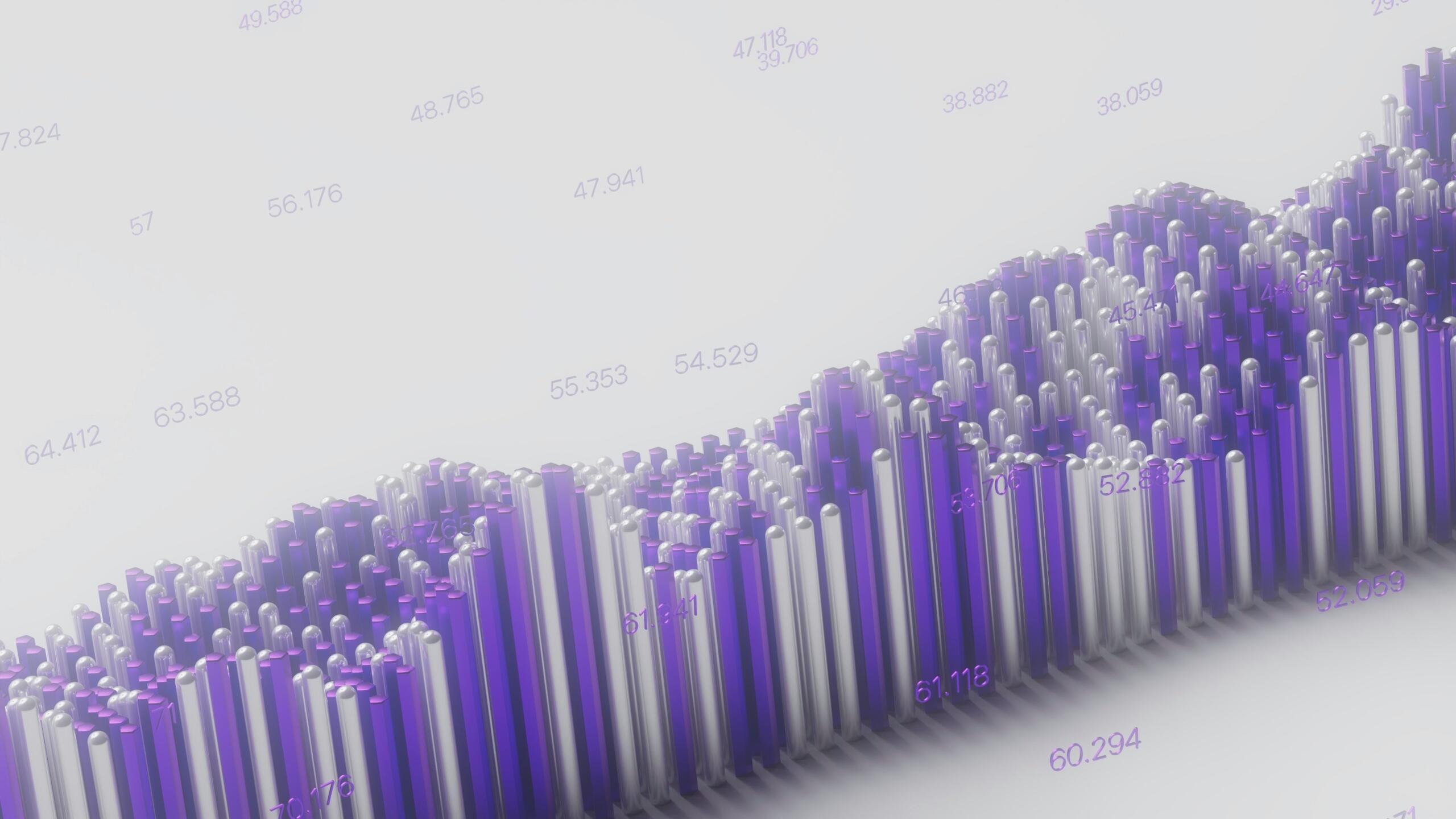 Gráfico de barras en 3D con cilindros morados y plateados que forman un patrón ondulado, sobre el que se superponen puntos de datos numéricos en morado claro.