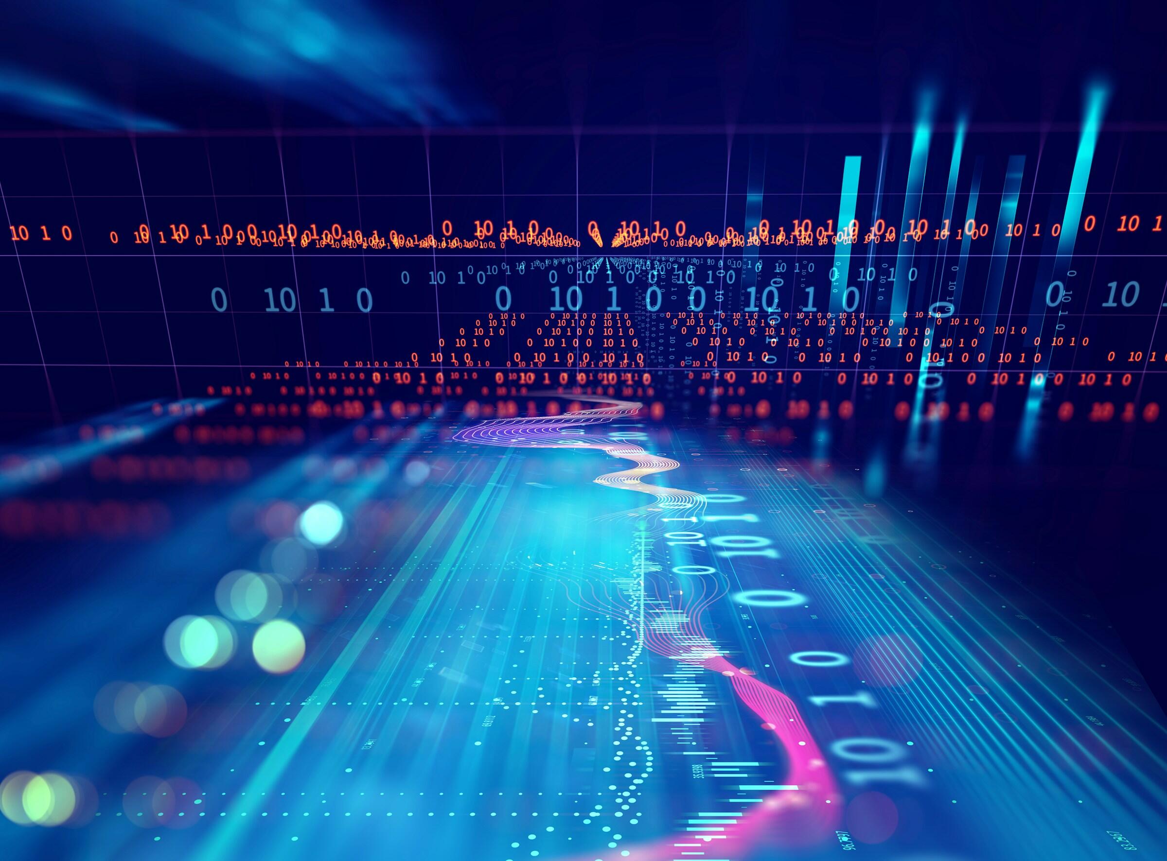 Paisaje digital abstracto con código binario, una rejilla tridimensional y flujos de datos luminosos en tonos azules y rojos.