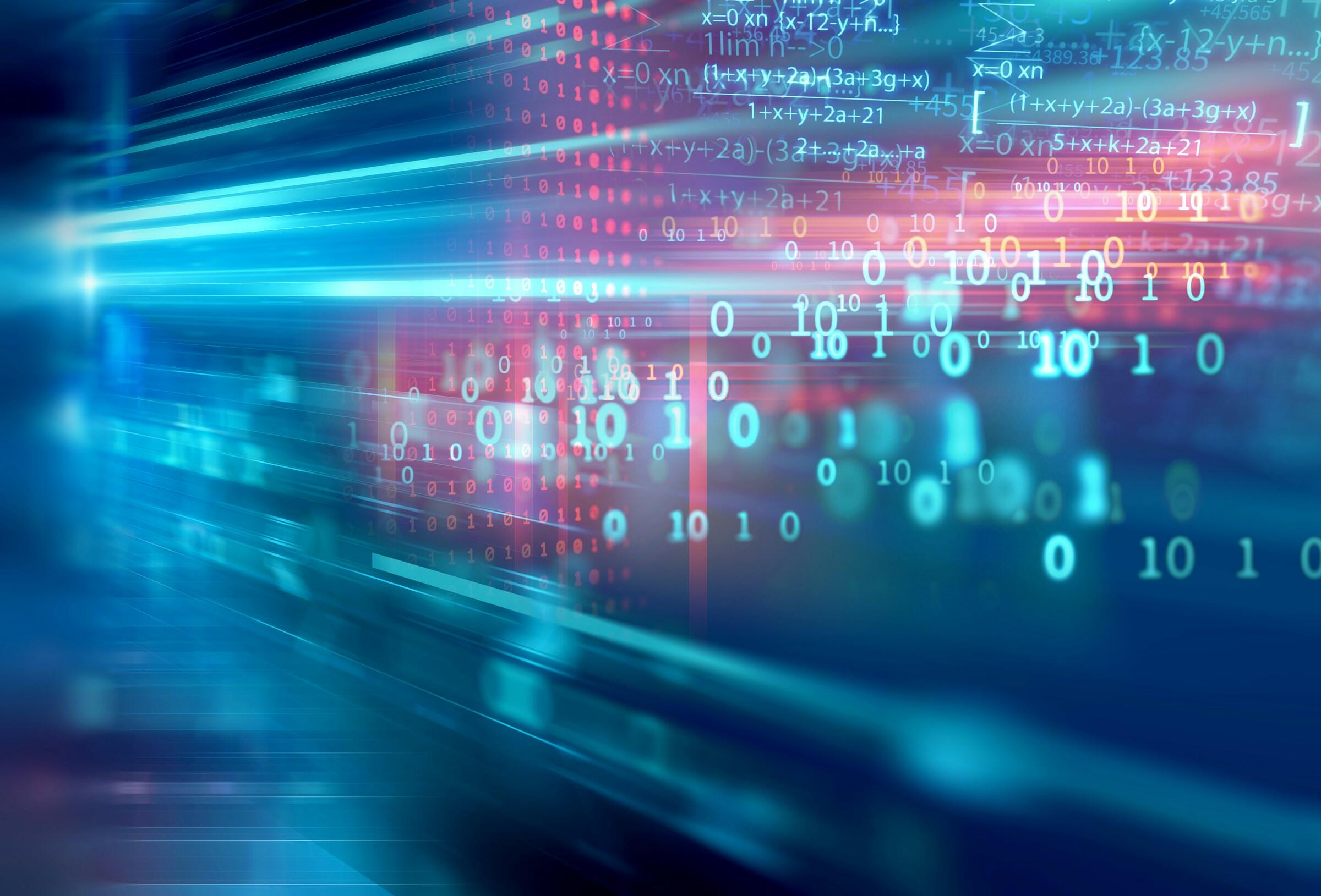 Fondo digital abstracto con código binario, ecuaciones matemáticas y desenfoque de movimiento en tonos azules y rojos.