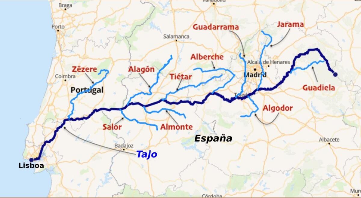 Mapa del río Tajo y sus afluentes, desde Madrid (España) hasta Lisboa (Portugal). Las líneas azules indican los ríos; entre los puntos de referencia se encuentran Coimbra y Toledo.