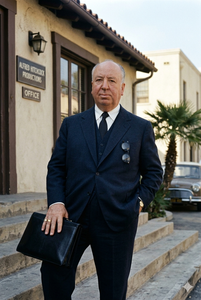 Un hombre con traje oscuro que lleva un maletín, de pie frente a un edificio con un letrero que dice «Oficina de Alfred Hitchcock Productions».