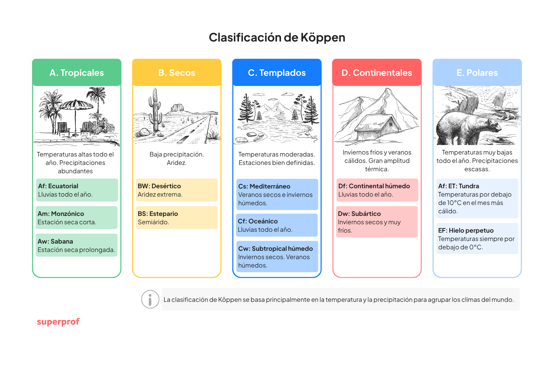 Tabla de clasificación climática de Köppen con cinco categorías: tropical, seco, templado, continental y polar. Cada columna incluye ilustraciones y descripciones.