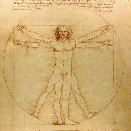 El dibujo «El hombre de Vitruvio» de Leonardo da Vinci, que ilustra las proporciones del cuerpo humano dentro de un círculo y un cuadrado, con anotaciones en texto invertido.