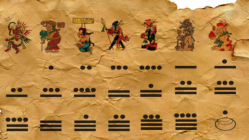 Manuscrito antiguo en el que aparecen seis figuras vestidas con trajes mayas, seguidas de una serie de puntos y barras que representan números. El papel envejecido le da un aire histórico.