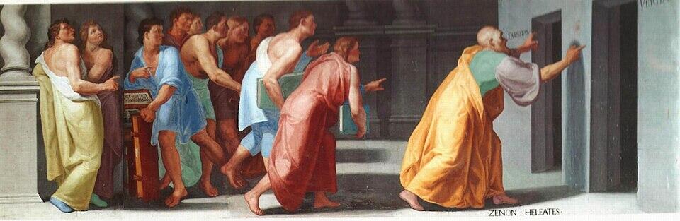 Un grupo de hombres vestidos con coloridas túnicas antiguas sigue a un hombre vestido de naranja que se acerca a una pared. La escena tiene un aire dramático e histórico.