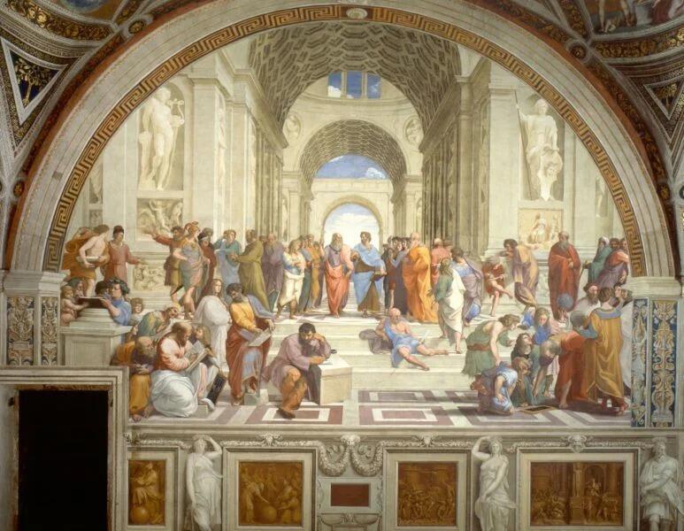 Un gran cuadro renacentista representa a filósofos clásicos reunidos en un amplio y ornamentado salón con arcos y estatuas, lo que transmite una sensación de debate académico.