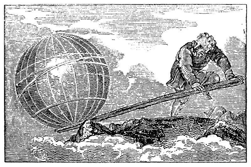 Grabado en el que aparece un hombre que, con una expresión decidida, utiliza una palanca para levantar un gran globo terráqueo por encima de las nubes, simbolizando el efecto palanca y la fuerza.