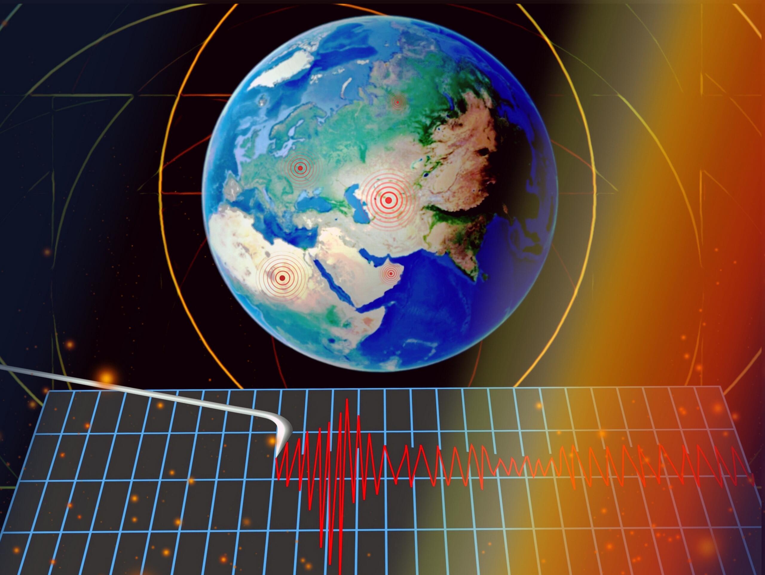 Ilustración de la Tierra con marcadores rojos que indican los epicentros de los terremotos y, en primer plano, un sismógrafo que registra las ondas sísmicas.