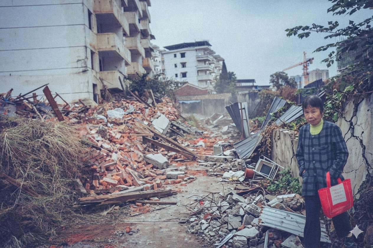 Persona con una bolsa roja de pie en un camino de tierra, cerca de escombros, edificios antiguos y materiales de construcción, en una zona urbana.